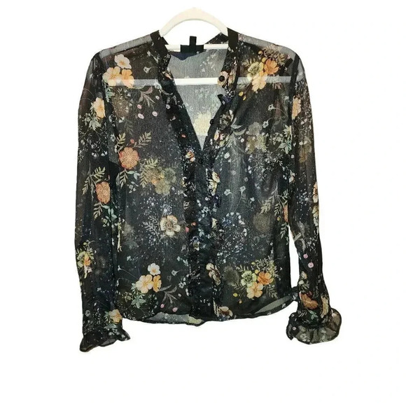 Top Shop Sheer Black Ruffle Top US Size 4 - Picture 1 of 5